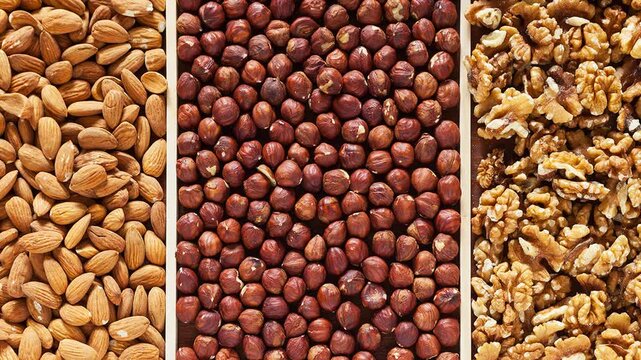 Video of three types of shelled nuts: walnuts, hazelnuts, and almonds. Organic, healthy vegetarian food. Edible backdrop. Close-up, top view