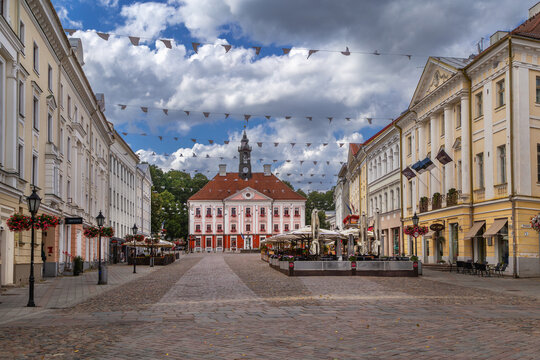 Town Hall Square view looking towards Town Hall in Tartu, Estonia. Daytime shot of historic architecture.