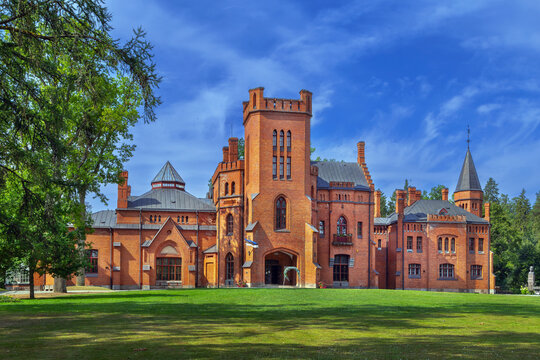 Front facade of Sangaste Castle in Valga County, Estonia. Daytime view of neogothic architecture