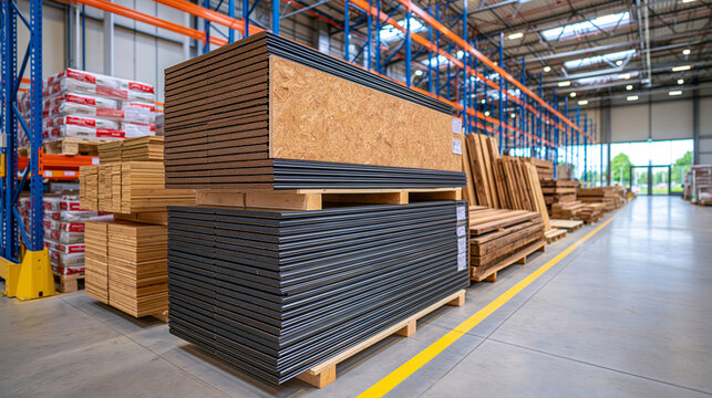Modern sustainable building materials stored in a bright warehouse, recycled composite boards, eco insulation, bamboo panels and reclaimed timber arranged neatly, contemporary green construction con