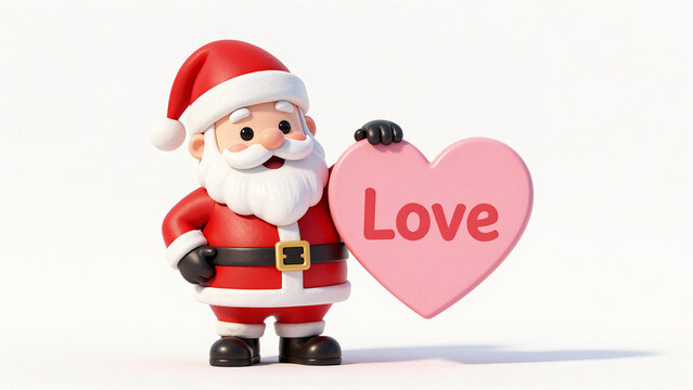 Cute 3D Santa Claus holding a large pink heart with love text for Christmas greeting
