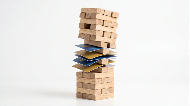 Unstable wooden block tower balancing on stacked credit cards isolated on white background, credit debt risk mortgage instability and financial crisis concept