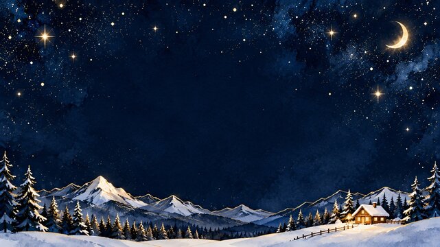 A peaceful winter landscape features a cozy cabin nestled among snow covered pine trees under
