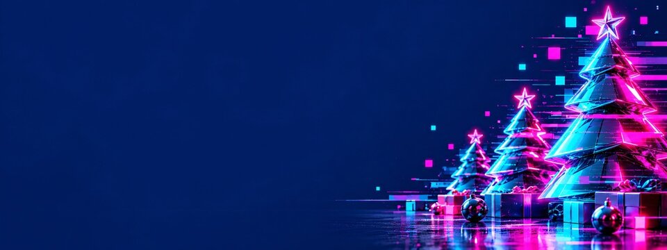 Glowing neon christmas trees decorated with pink and blue digital lights on dark navy winter