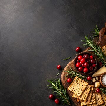 Fresh red cranberries with green rosemary sprigs served on rustic wooden platter near dark stone