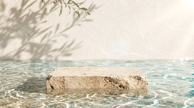 Natural stone block stage in rippling pool against neutral plaster wall with leafy shadows.