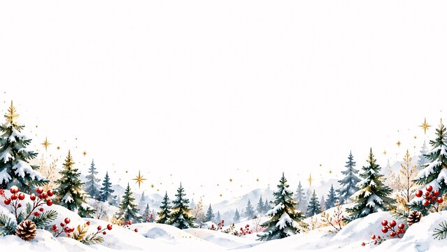 Winter landscape featuring snow covered pine forest with glittering holiday lights in watercolor