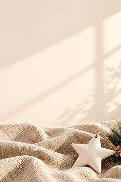 Ceramic star ornament rests upon a soft textured beige knitted blanket under gentle morning sunlight