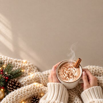 Hands holding a warm cup of cocoa with cinnamon and foam on a cozy knitted background