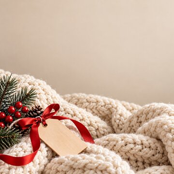 A beige knitted sweater with a gift tag and pine branch on a soft neutral background