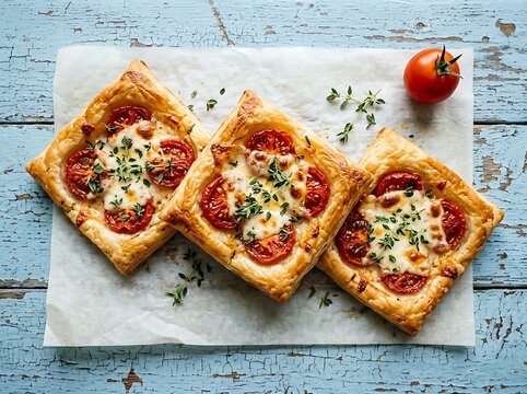 Three savory puff pastry squares with tomatoes cheese and fresh thyme herbs on rustic blue wooden table