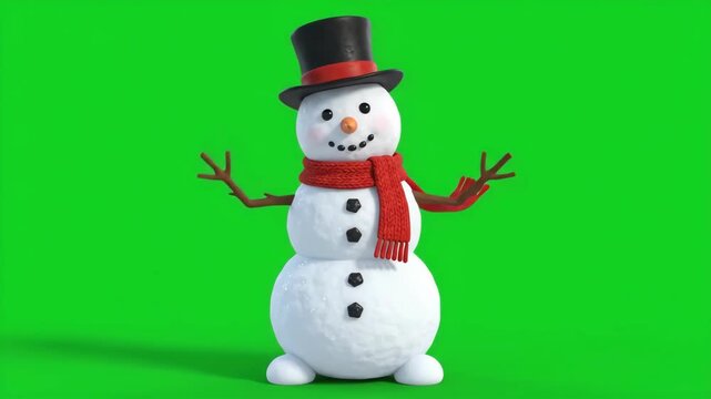 Charming snowman wearing a top hat and red scarf against green screen background.