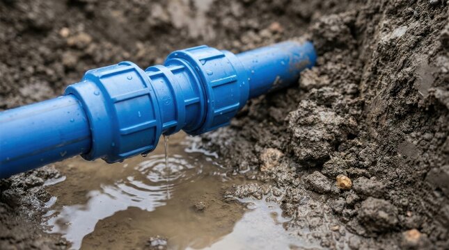 Leaking blue plastic pipe coupling in a muddy trench