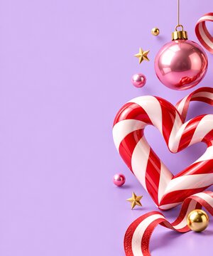 Pink christmas bauble ornament with candy cane heart on purple