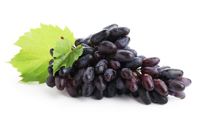 Fototapeta premium Bunch of fresh ripe grapes with green leaves isolated on white