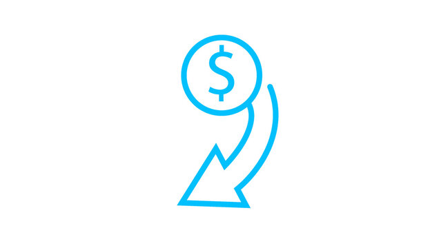 Dollar coin with downward curved arrow signifies economic decrease and financial recession.