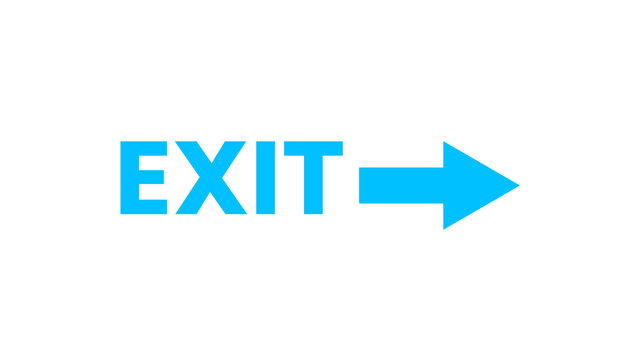 Cyan exit text with solid arrow pointing right indicates direction for building emergency.