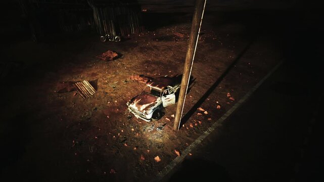 In a desolate landscape, a rusty car sits quietly among rubble and debris. Shadows loom as a singular streetlight casts an eerie glow on the forgotten scene.