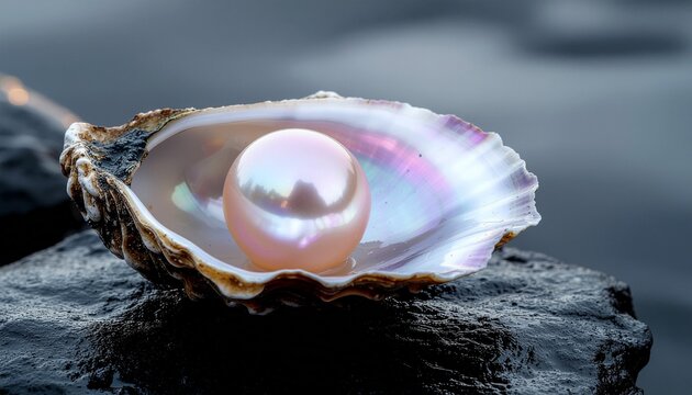 Macro of large luminous pink pearl resting inside open oyster shell with iridescent mother of pearl on dark wet rock, luxury jewelry, natural treasure and ocean beauty concept