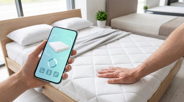 Customer hand holding smartphone scanning mattress with AI app to check firmness in bright mattress store