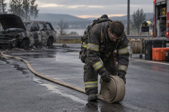 Firefighter rolling up fire hose on wet road after extinguished car fire, burnt SUV with open hood in background. Fire truck and equipment at emergency scene. Firefighting and emergency