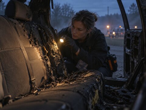 Fire investigator examining burned car interior with flashlight at dusk. Evidence inspection of burnt vehicle seats and debris. Fire safety and arson investigation concept.