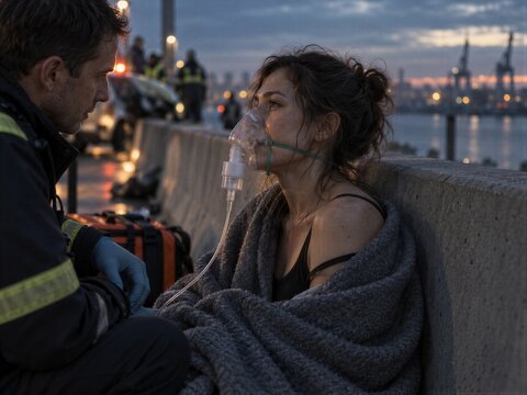 Paramedic treating woman with oxygen mask on waterfront promenade after rescue. First responder in uniform tending patient wrapped in blanket. Emergency medicine and prehospital trauma care.