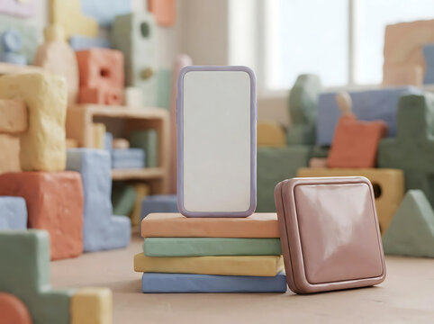 Claymation smartphone with blank screen on stack of colorful books with abstract building block background showcasing technology and learning.
