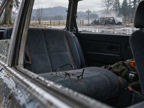 Cracked eyeglasses on the back seat of a wrecked car. Smoldering burned-out vehicle and muddy road in the background. Road safety and vehicle crash aftermath. Traffic accident damage concept