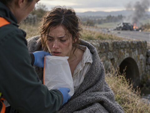 Paramedic helping shocked injured woman breathe into a paper bag beside rural stone bridge. Burning car wreck on road in background. Emergency medicine and first aid response.