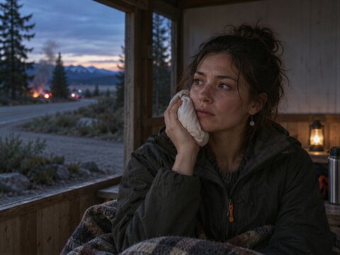 Injured woman holding ice pack on her face in a cabin at dusk with burning car on mountain road behind. Accident recovery after roadside vehicle crash. Trauma, shock and emergency aftermath
