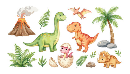 Cute Watercolor Dinosaur Vector Set Featuring Baby T-Rex Brachiosaurus Hatchling Egg Volcano and Tropical Palm Leaves for Nursery Wall Art Designs © yesmin