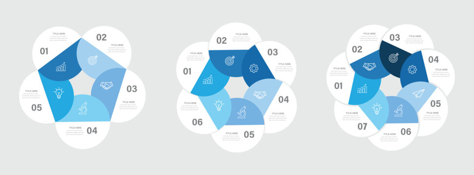 Set of three circular Infographic diagrams with 5 -7 step for process presentation templates or business reports.