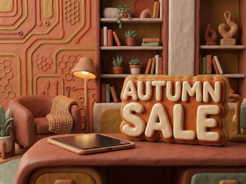 Claymation autumn sale sign with textured background and furniture, conveying seasonal shopping deals and festive store promotions.