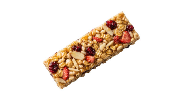 A delicious granola bar with dried strawberries and nuts isolated on transparent background
