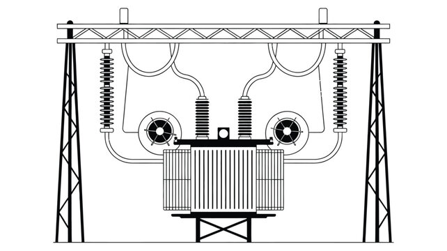 Black and white of an electrical power transformer unit with voltage transmission towers and cooling fans on a clean white background
