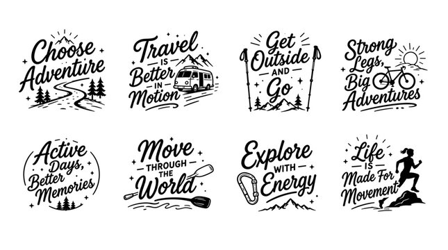 Outdoor adventure and active lifestyle quotes set: vector travel lettering emblems, camper van road trip, hiking trekking poles, cycling bike, kayak paddle, running girl silhouette, and mountain stick