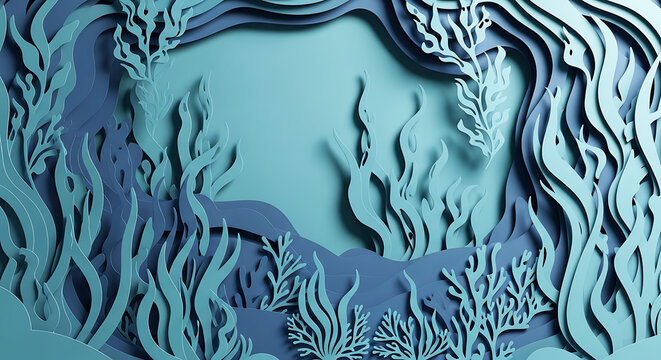 Underwater kelp forest and coral in blue paper craft style