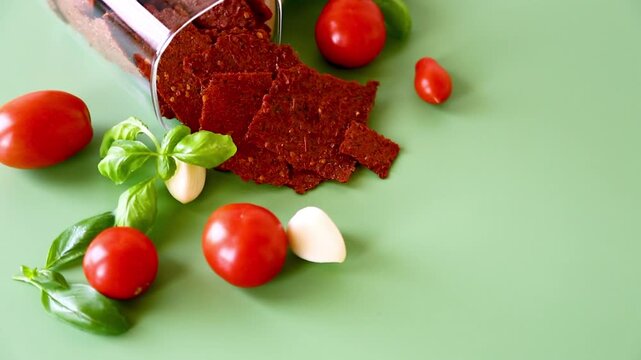 Spicy tomato pastila with garlic and basil on green background