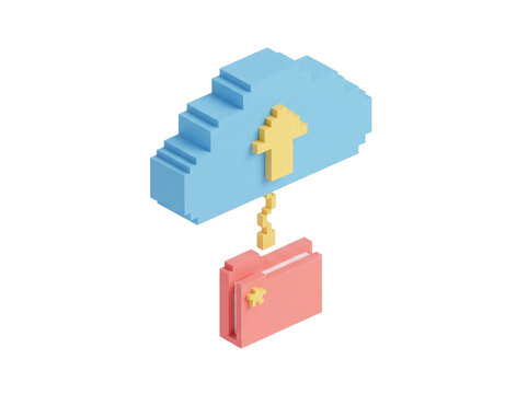 Voxel 3D  of a blocky cloud holding a pixel-style upload arrow, a small voxel folder with a tiny star, and a short voxel cable linking them. Cloud hovering at the top, folder below it, cable