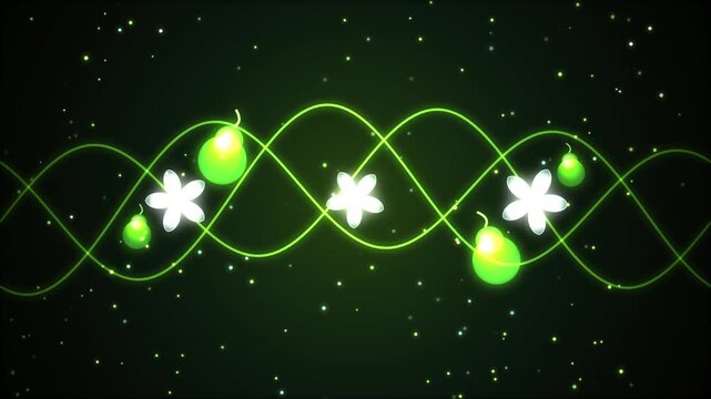 Abstract glowing green DNA helix waves intertwined with bright white flowers and firefly lights