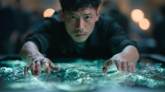 Asian Man Using Futuristic Glowing Interactive Touch Interface