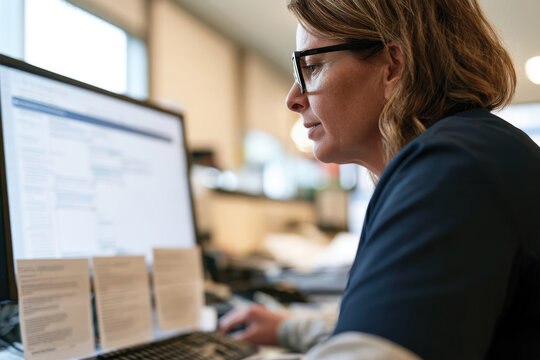 A nurse is deeply focused on her computer, symbolizing the essential administrative functions within healthcare that support effective patient outcomes and care management.