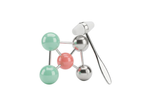 Chrome and metallic 3D  of a polished silver human tooth-sized molecule model made of four linked spheres in mint, coral and silver, beside a small metallic reflex hammer with a white rubber