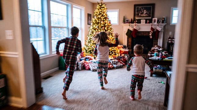 Excited Children Running Towards Decorated Tree on Christmas Morning