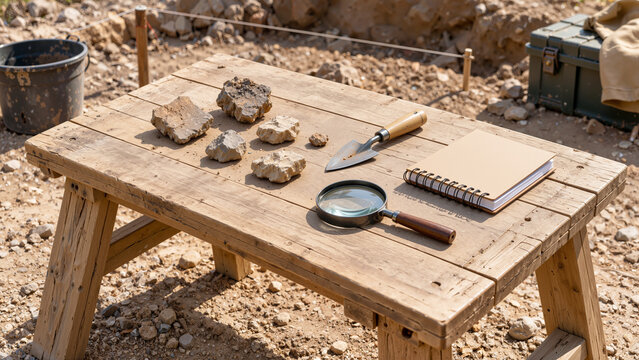 Archaeological excavation site with ancient stone artifacts, trowel, magnifying glass, and field notebook on rustic wooden table   