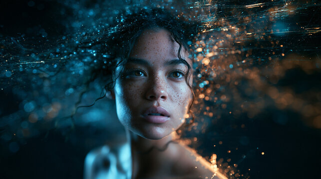 Portrait of Thoughtful Young Woman Surrounded by Glowing Light Particles