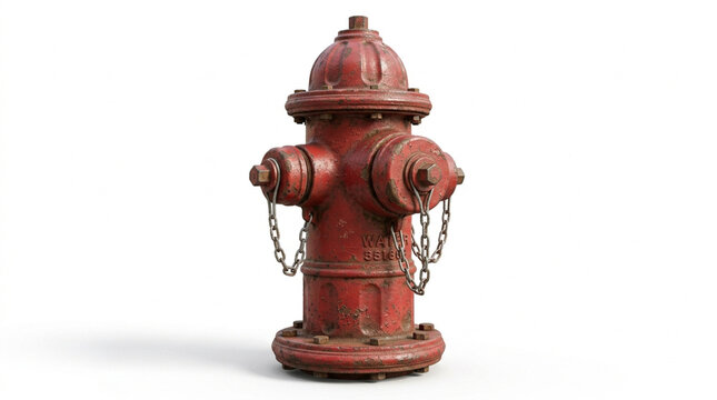 Red fire hydrant standing upright on a solid white background with attached chains and metallic fittings.