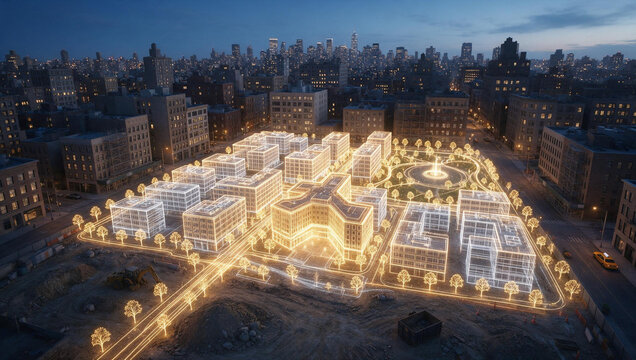 Glowing 3D Digital Model of Urban Architecture Development