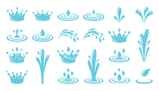 Assorted water splash icons with liquid drops and ripples in blue color fountain illustration abstract iconography